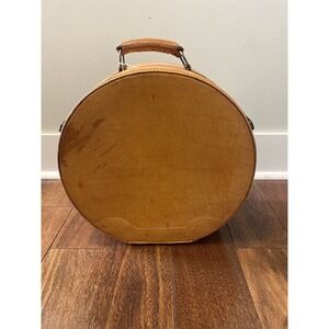 Vintage British Tan Leather Small Round Hat Box Suitcase Travel Case
